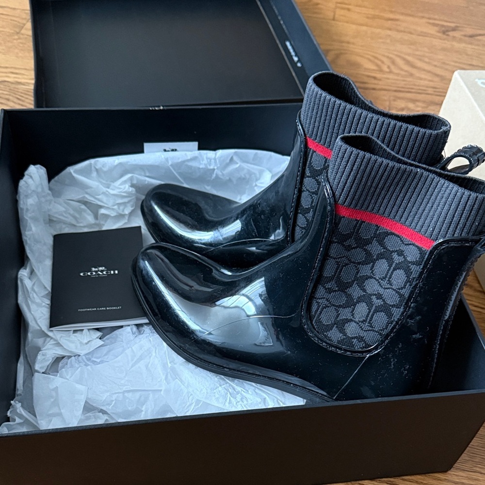 Coach Glossy Black and Gray Boots with Red Stripe